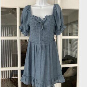 AUW Blue Denim Look Soft Puff Sleeve Stretch Bodice Mini Dress M  NWT